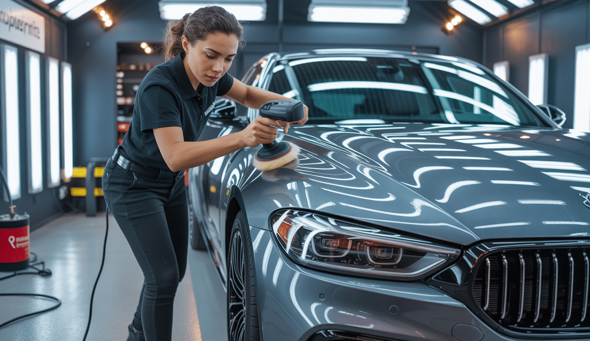 Personne polissant soigneusement la carrosserie d'une voiture moderne, avec équipement professionnel et éclairage LED, en atelier clair et propre