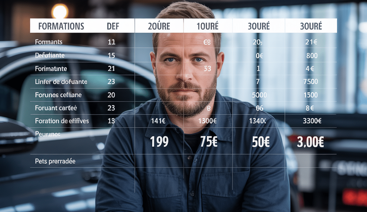 Illustration professionnelle d'un tableau comparatif des prix de formation en detailing automobile avec différents niveaux et durées
