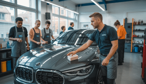 Personne effectuant une formation pratique de detailing automobile en 2025 avec équipements professionnels dans un atelier moderne