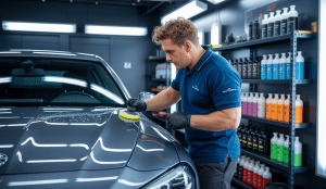 Vitrine d'un professionnel effectuant un detailing automobile complet sur une voiture brillante dans un atelier moderne bien équipé