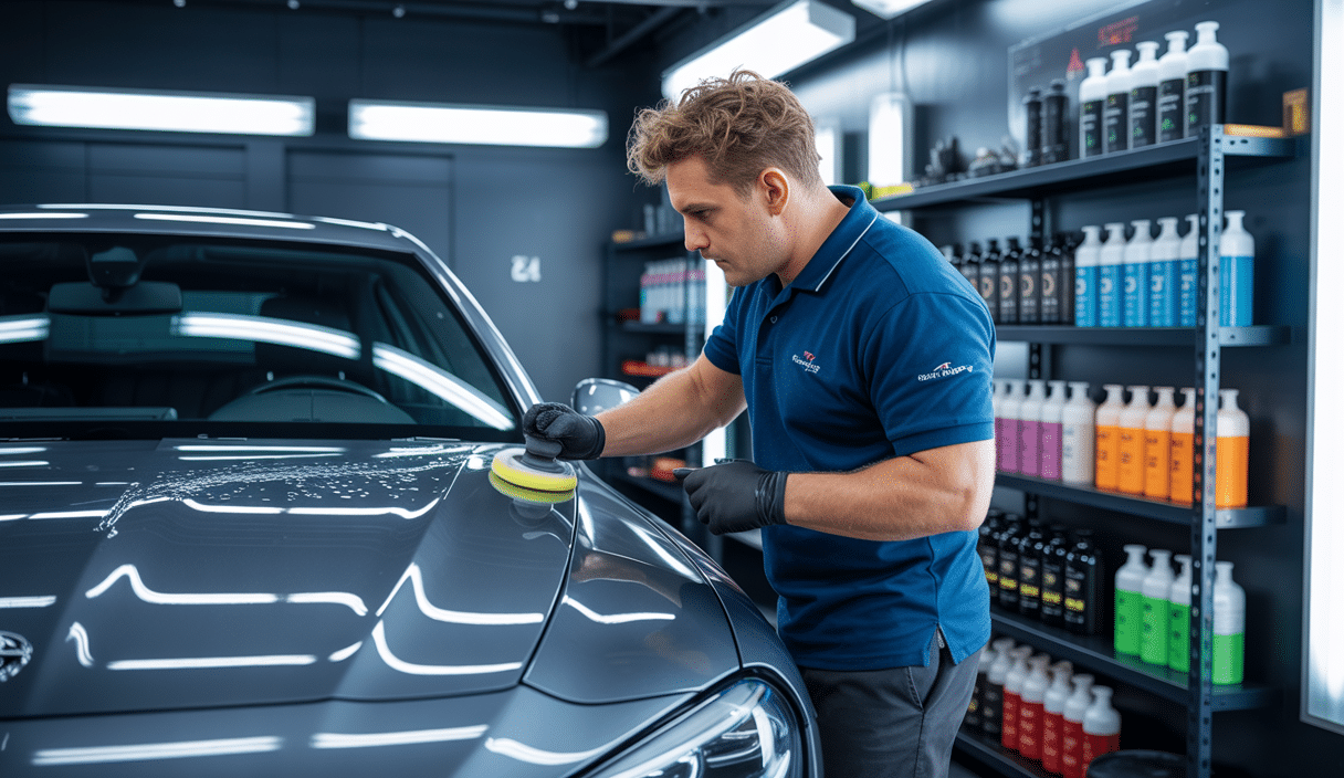 Vitrine d'un professionnel effectuant un detailing automobile complet sur une voiture brillante dans un atelier moderne bien équipé